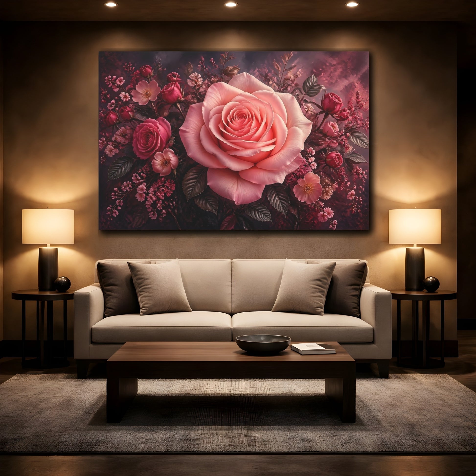 Mockup 2. Floral Pink Rose Pink Floral Rose shown as stretched canvas wall art