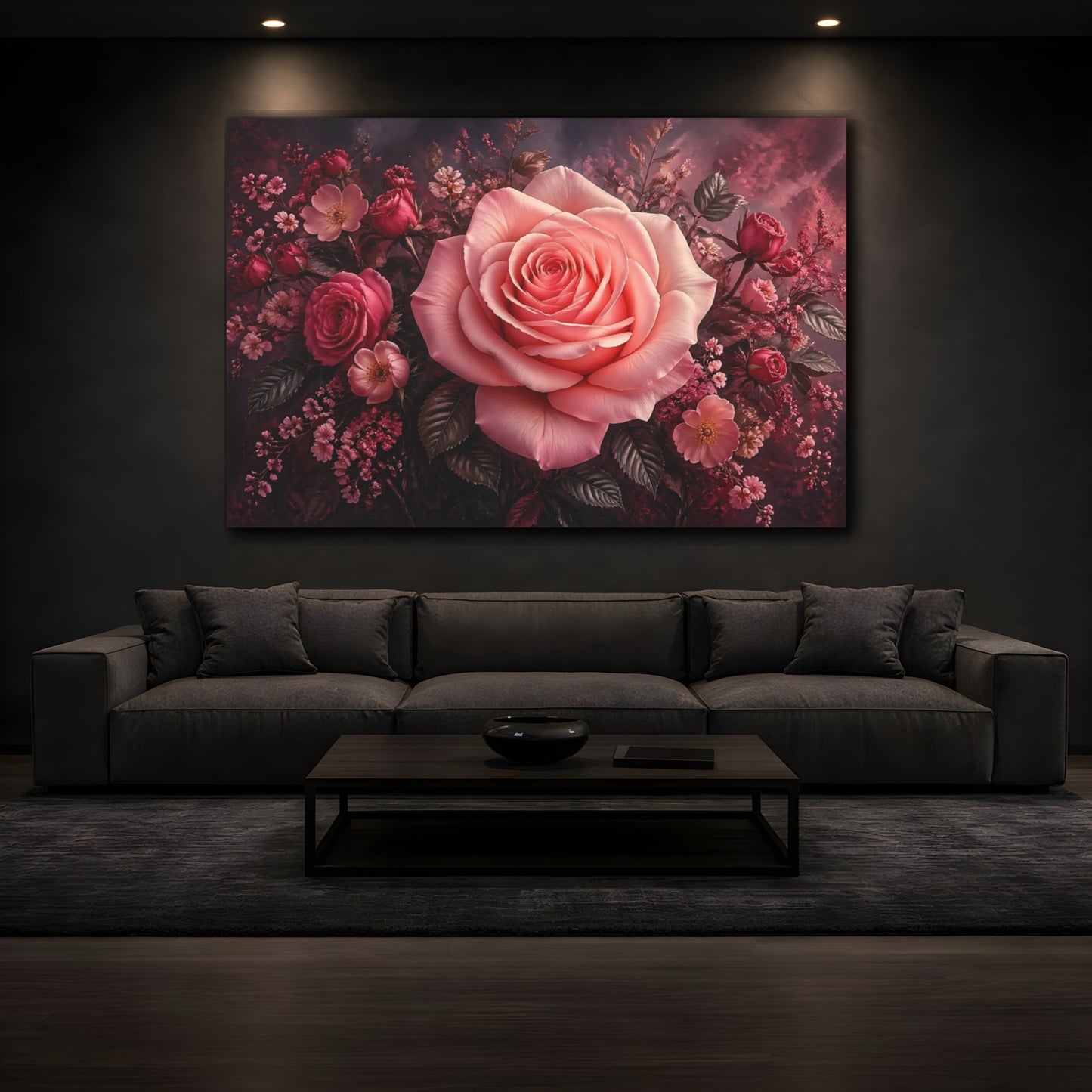 Mockup 3. Floral Pink Rose Pink Floral Rose shown as stretched canvas wall art