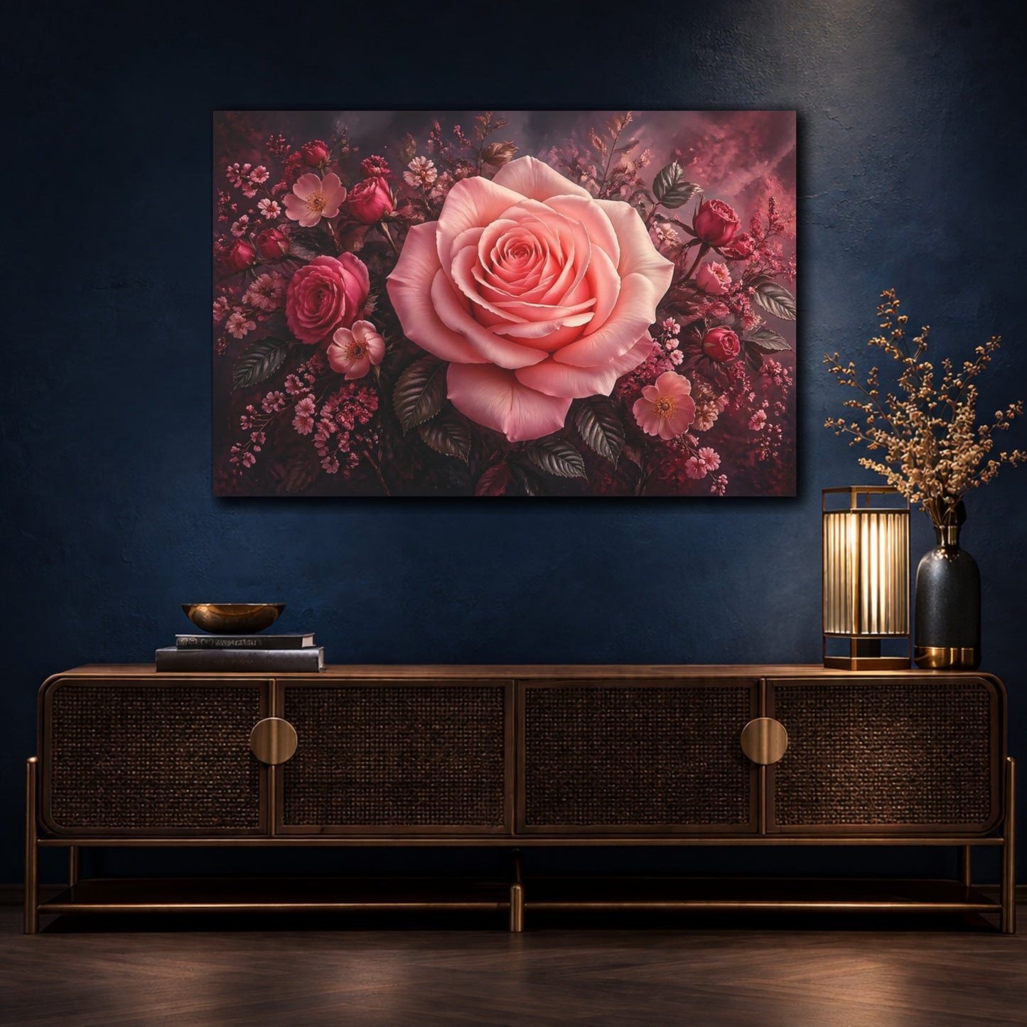 Mockup 4. Floral Pink Rose Pink Floral Rose shown as stretched canvas wall art