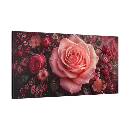 Main Mockup. Floral Pink Rose Pink Rose Floral shown as stretched canvas wall art