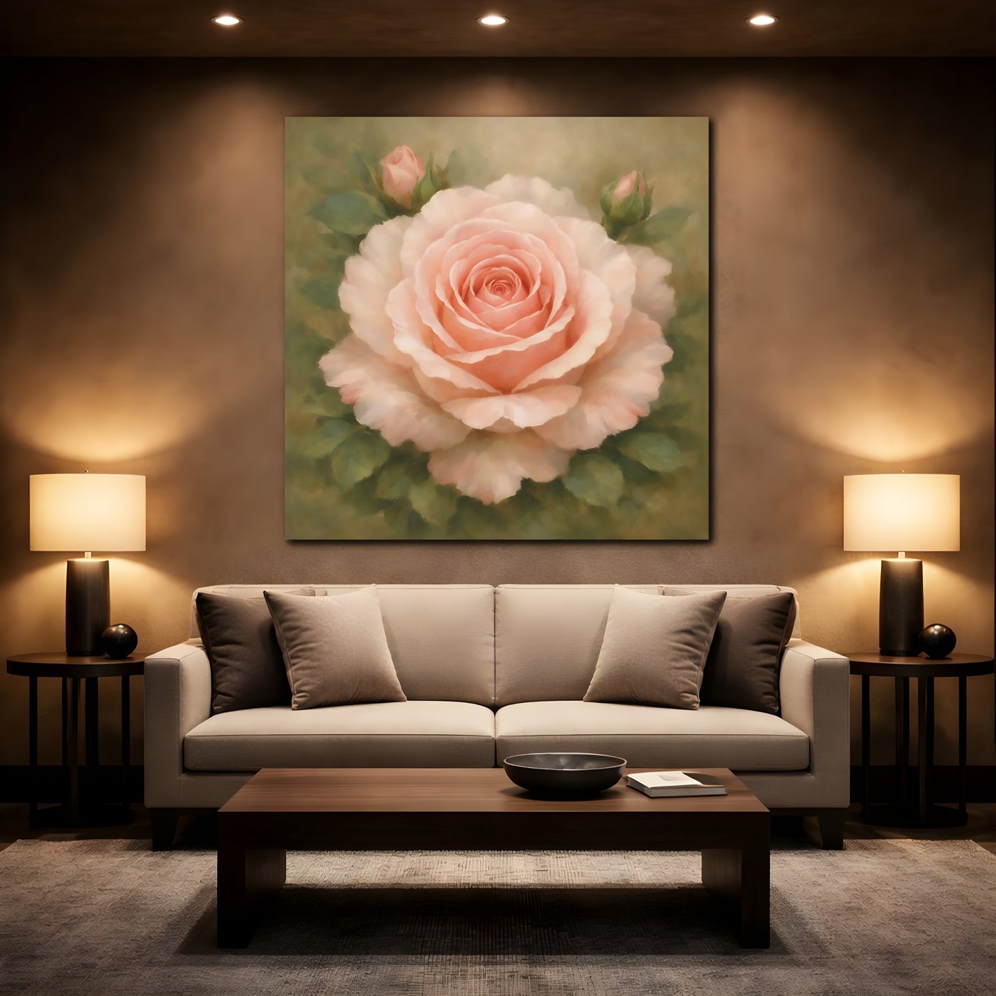 Mockup 2. Floral Pink Rose Pink Rose Floral shown as stretched canvas wall art