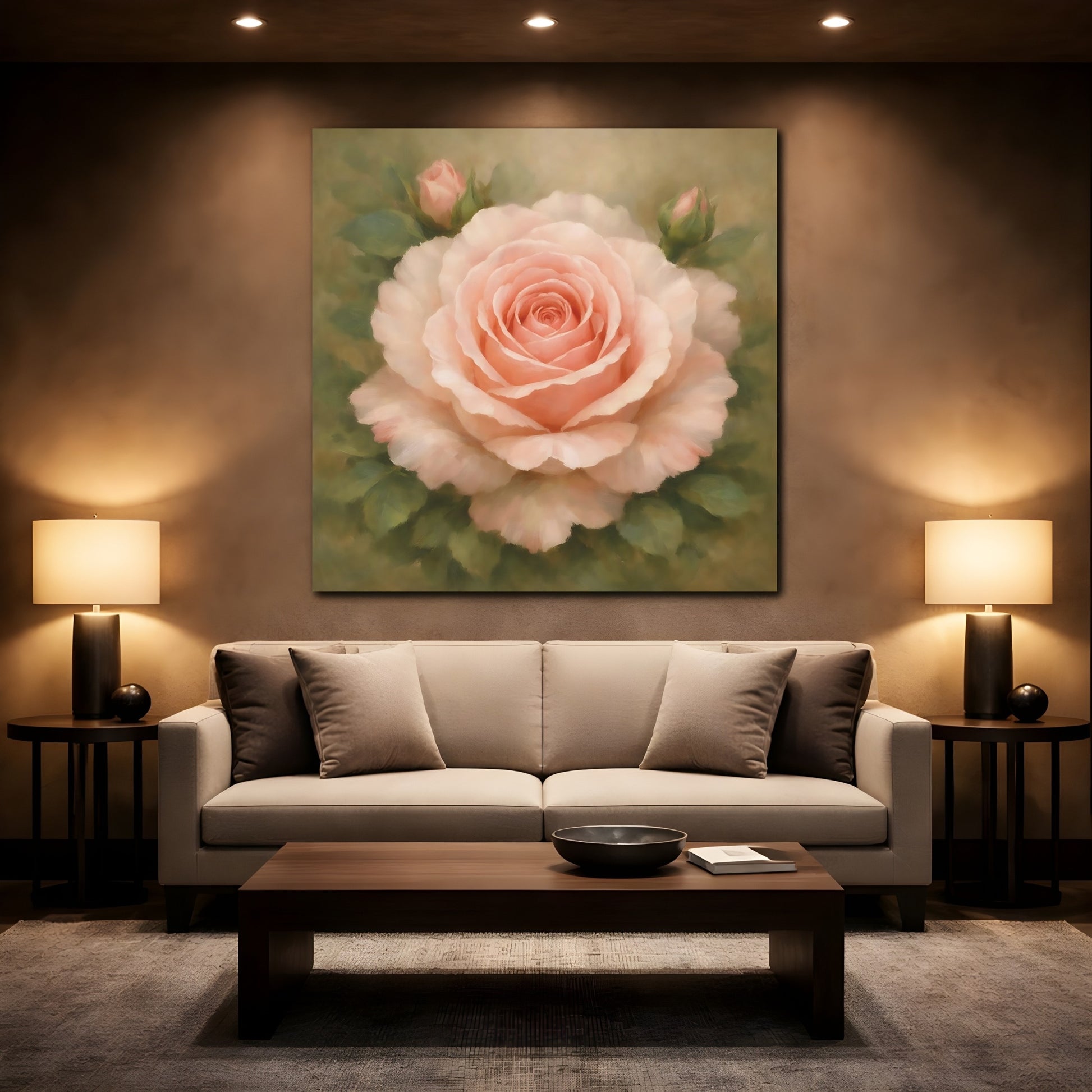 Mockup 2. Floral Pink Rose Pink Rose Floral shown as stretched canvas wall art