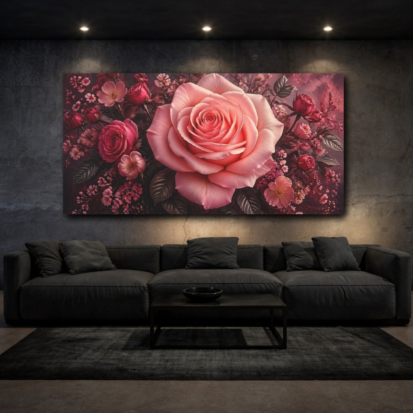 Mockup 2. Floral Pink Rose Pink Rose Floral shown as stretched canvas wall art