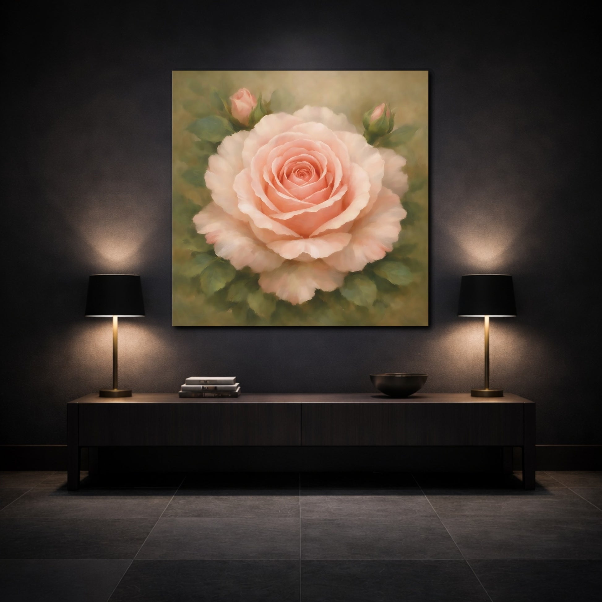 Mockup 3. Floral Pink Rose Pink Rose Floral shown as stretched canvas wall art