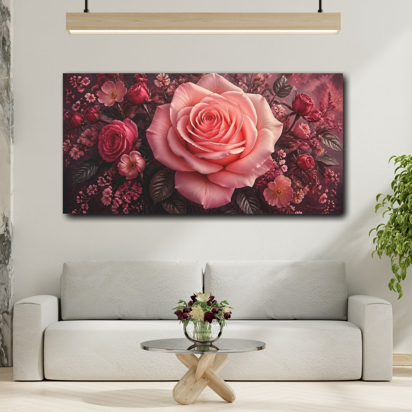 Mockup 3. Floral Pink Rose Pink Rose Floral shown as stretched canvas wall art