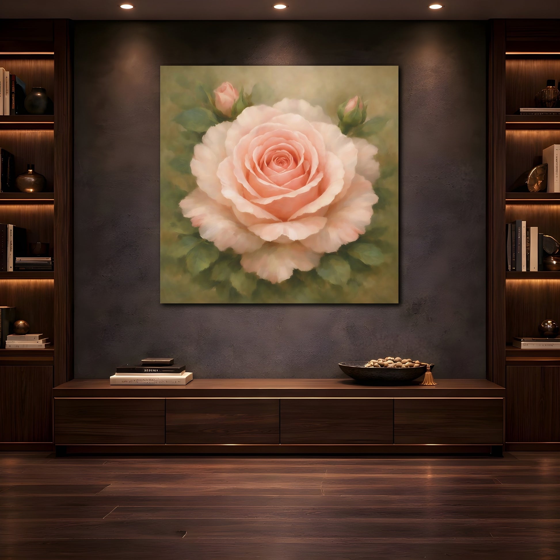 Mockup 4. Floral Pink Rose Pink Rose Floral shown as stretched canvas wall art