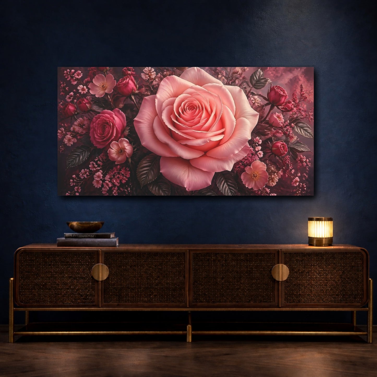 Mockup 4. Floral Pink Rose Pink Rose Floral shown as stretched canvas wall art