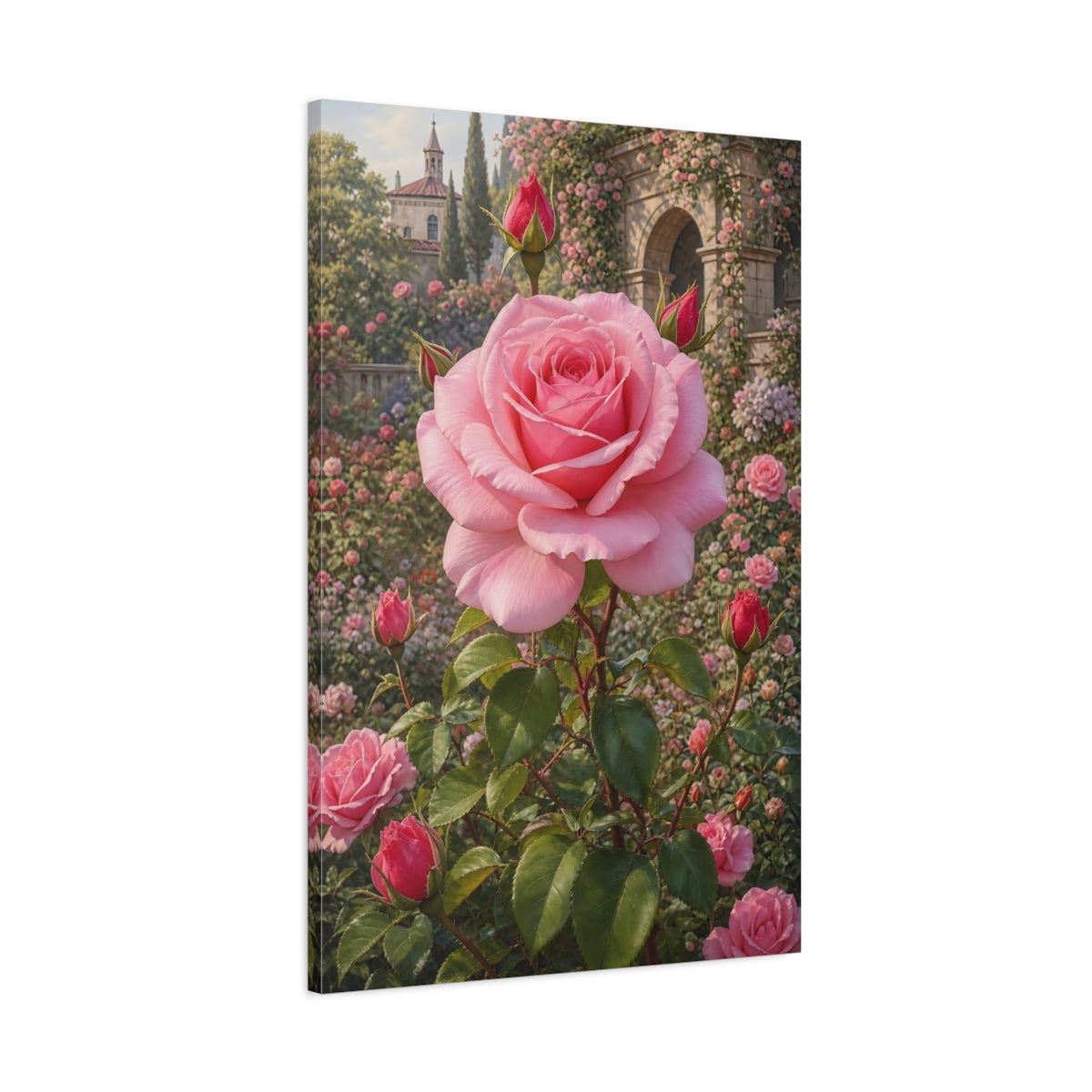 Main Mockup. Floral Pink Rose Pink Rose Garden shown as stretched canvas wall art