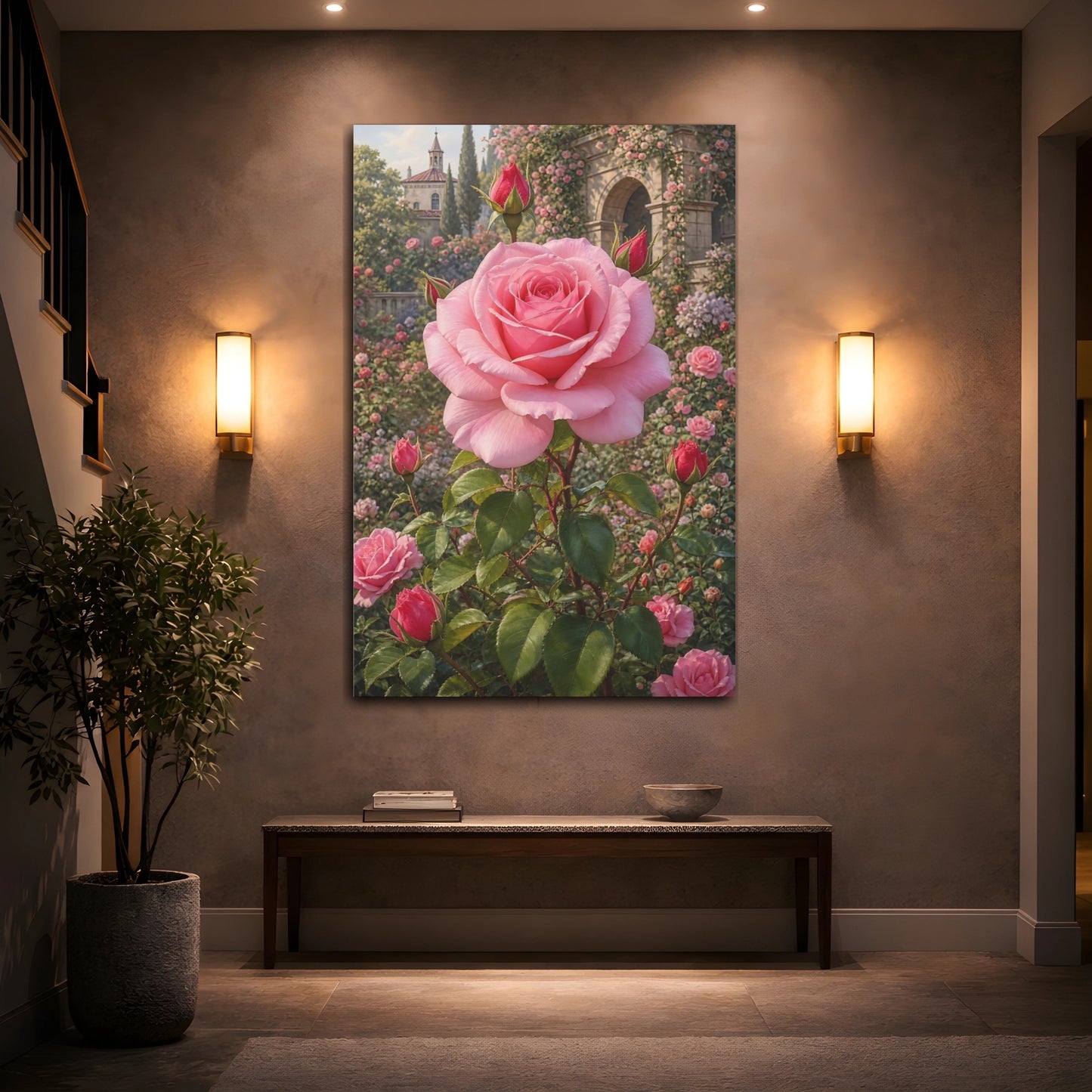 Mockup 2. Floral Pink Rose Pink Rose Garden shown as stretched canvas wall art