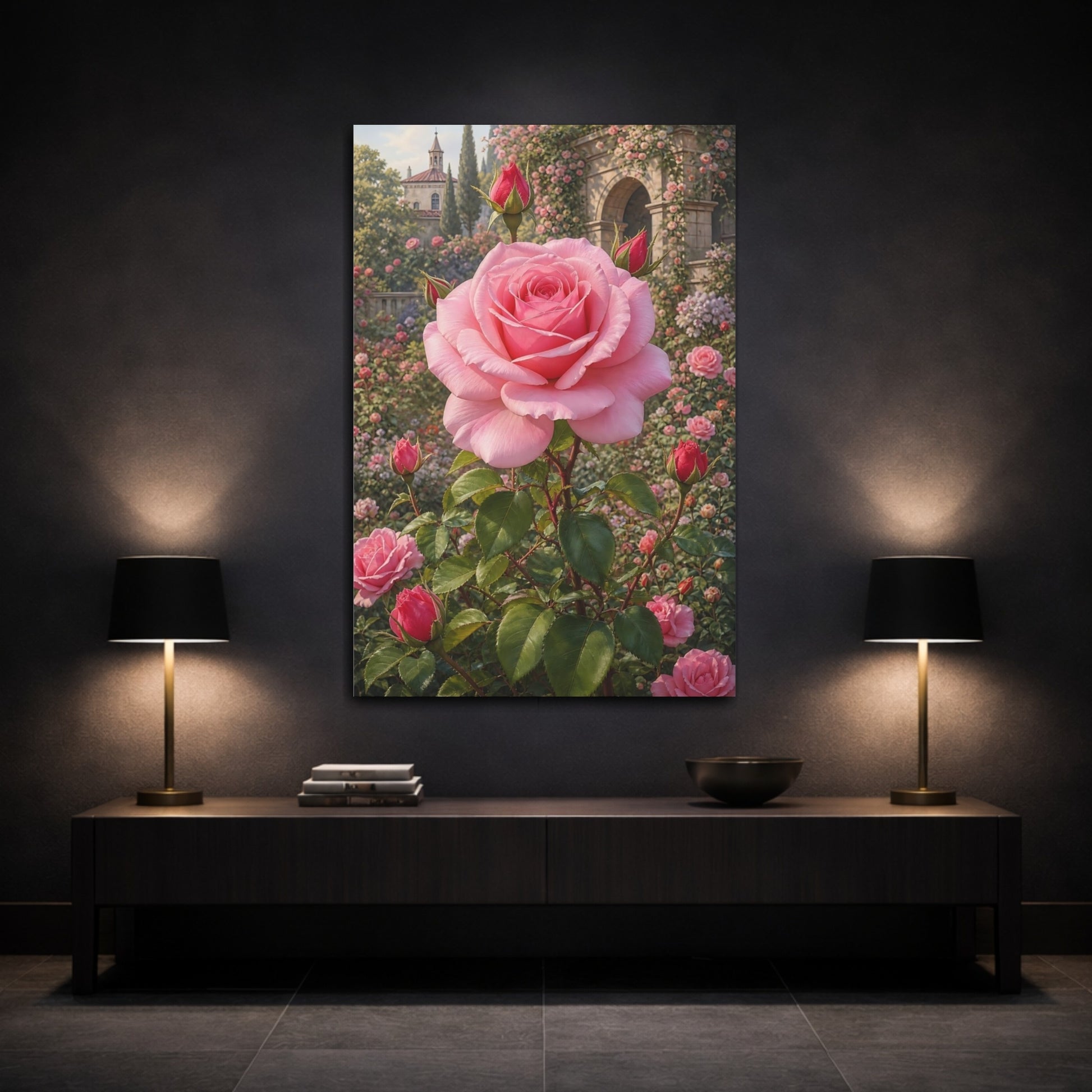 Mockup 3. Floral Pink Rose Pink Rose Garden shown as stretched canvas wall art