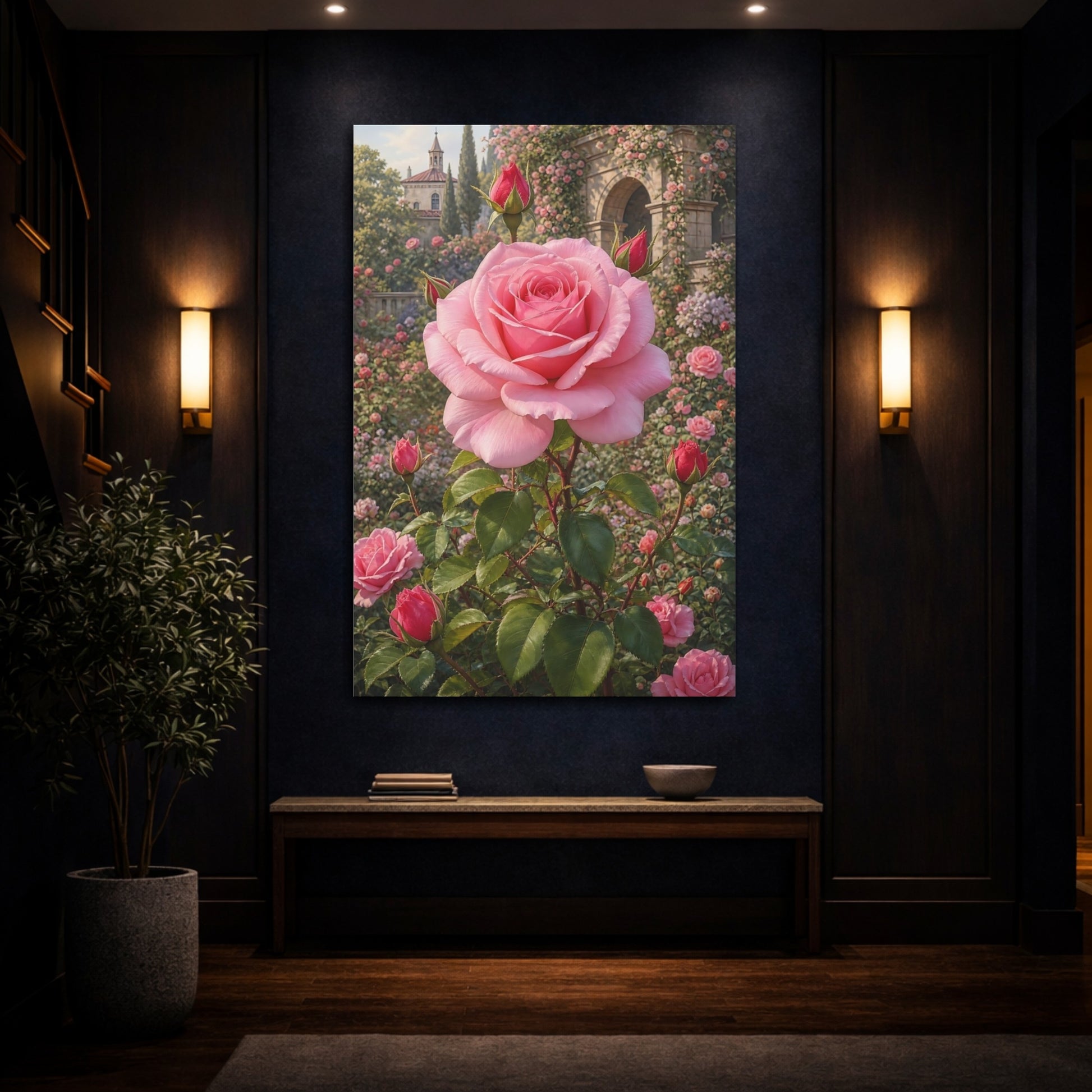 Mockup 4. Floral Pink Rose Pink Rose Garden shown as stretched canvas wall art