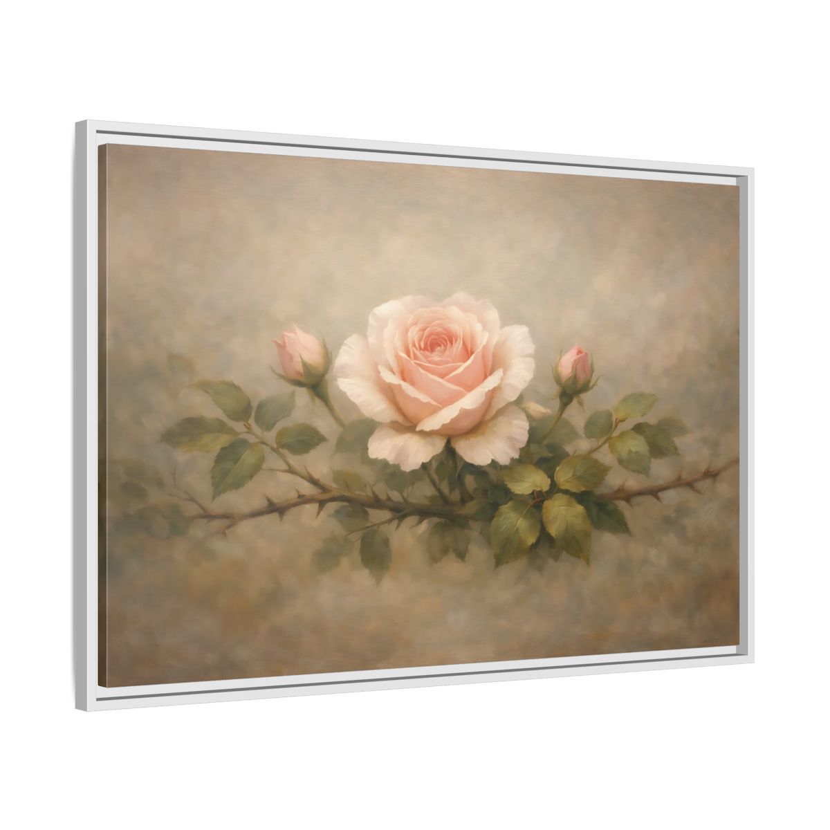 Side Mockup 8. Floral Pink Rose Soft Pink Rose shown as stretched canvas wall art