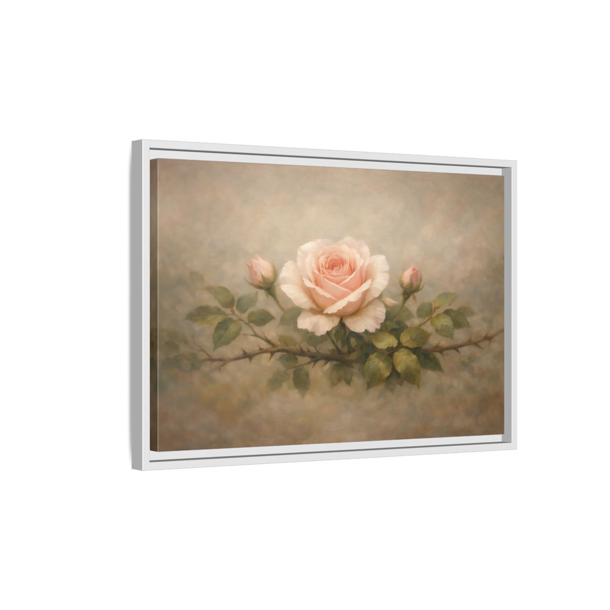Side Mockup 1. Floral Pink Rose Soft Pink Rose shown as stretched canvas wall art