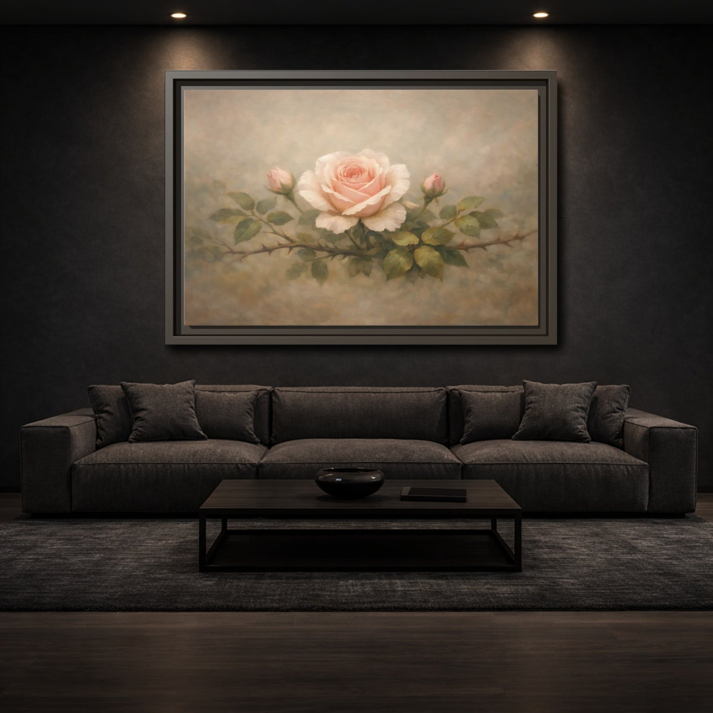 Mockup 2. Floral Pink Rose Soft Pink Rose shown as stretched canvas wall art