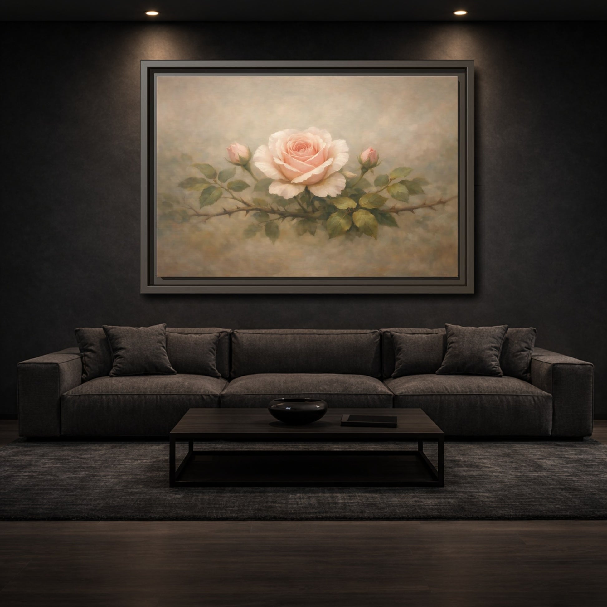 Mockup 2. Floral Pink Rose Soft Pink Rose shown as stretched canvas wall art