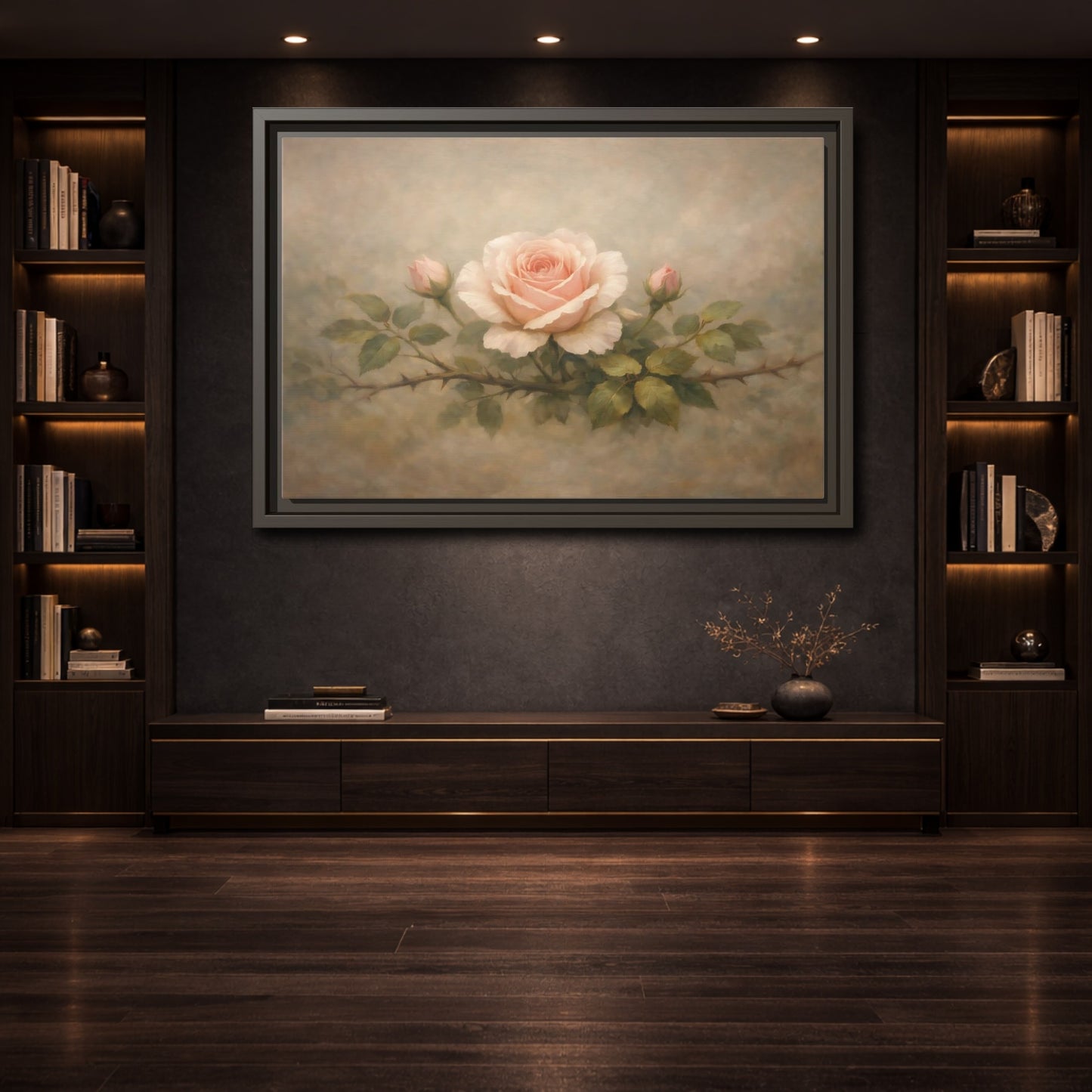 Mockup 3. Floral Pink Rose Soft Pink Rose shown as stretched canvas wall art