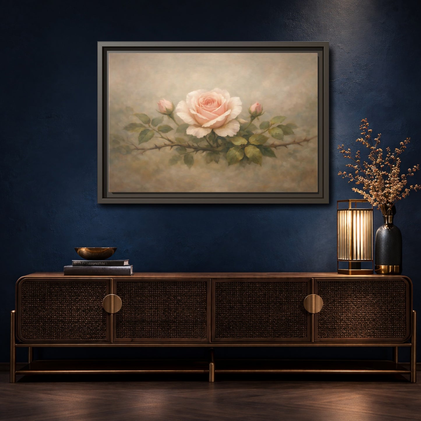 Mockup 4. Floral Pink Rose Soft Pink Rose shown as stretched canvas wall art