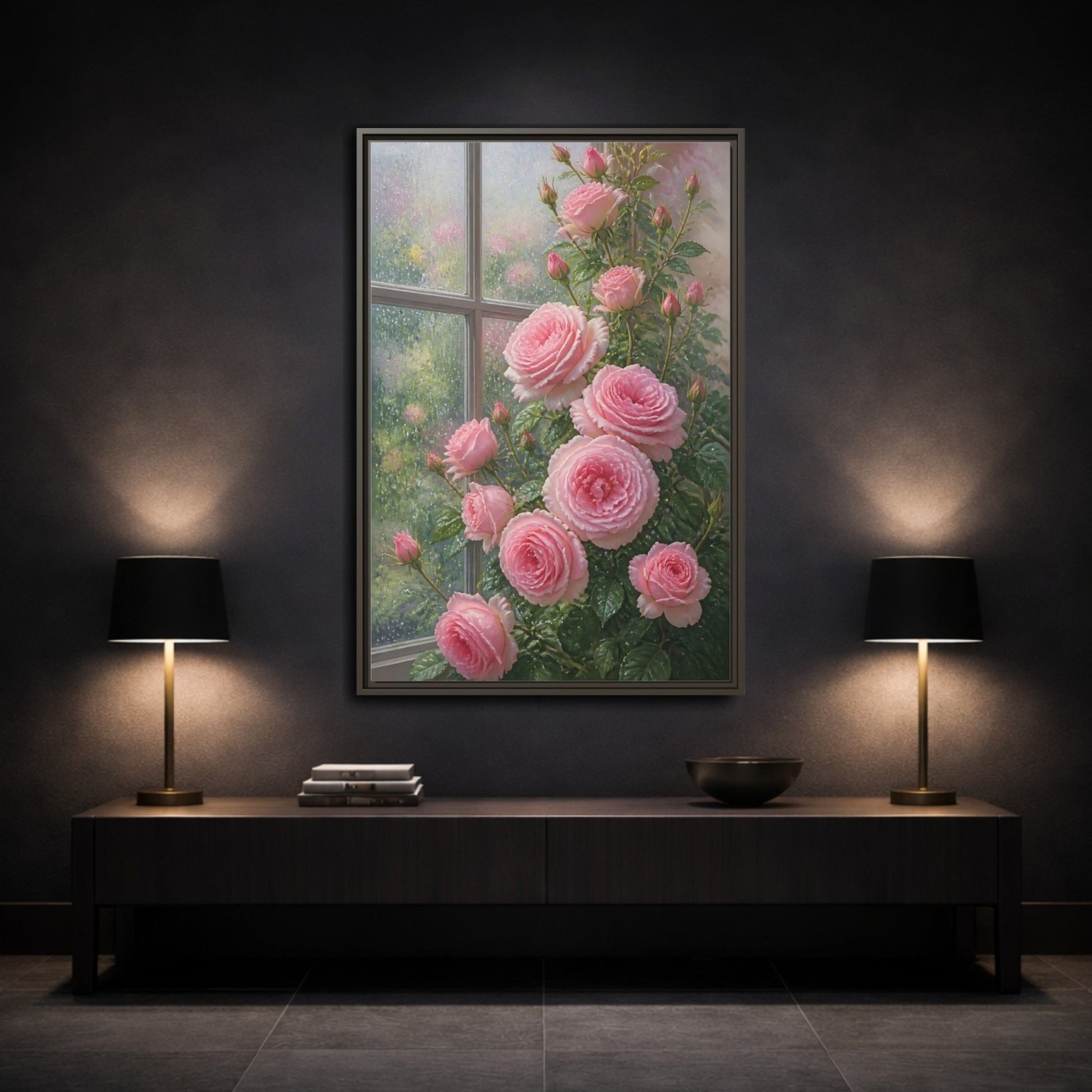 Floral Pink Roses Framed Canvas Print – Living Room, Above Fireplace - YesArtYes