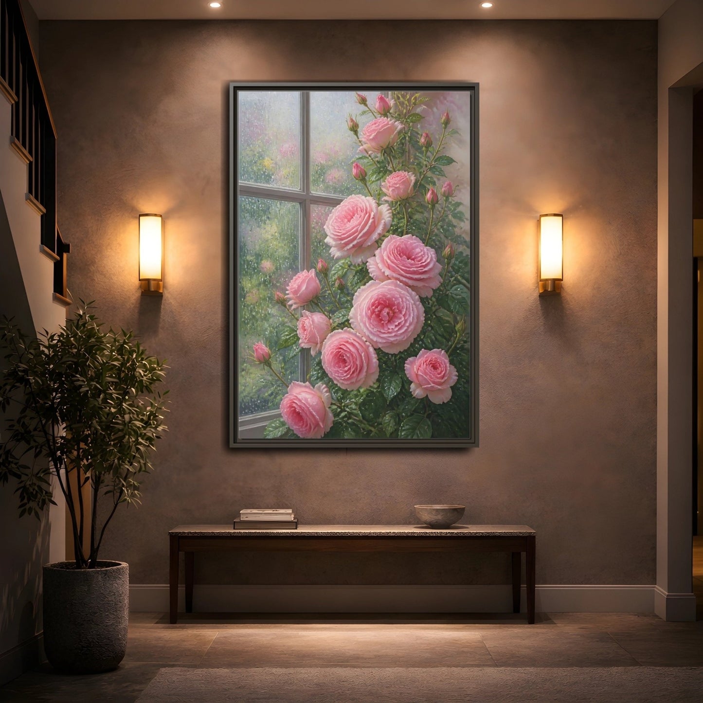 Floral Pink Roses Framed Canvas Print – Living Room, Above Fireplace - YesArtYes