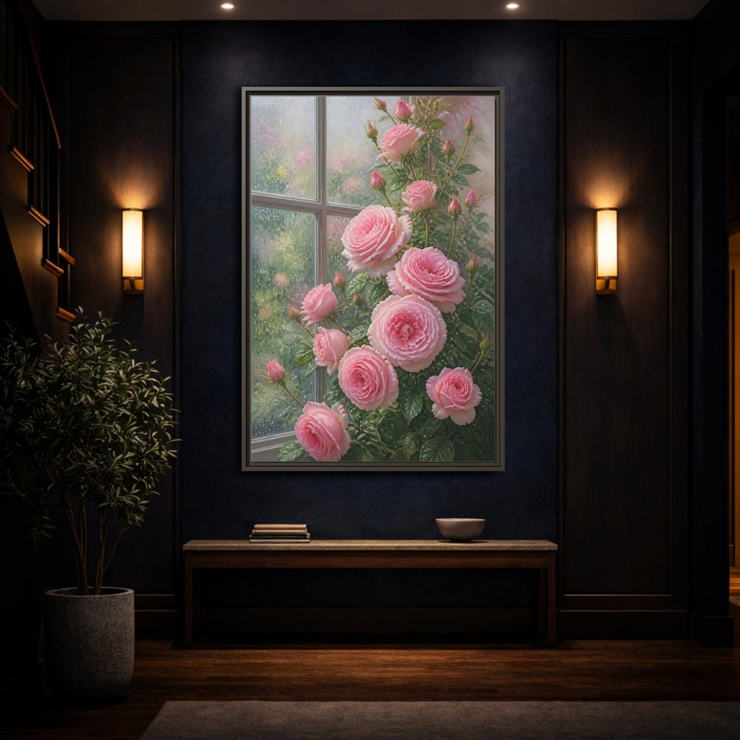 Floral Pink Roses Framed Canvas Print – Living Room, Above Fireplace - YesArtYes
