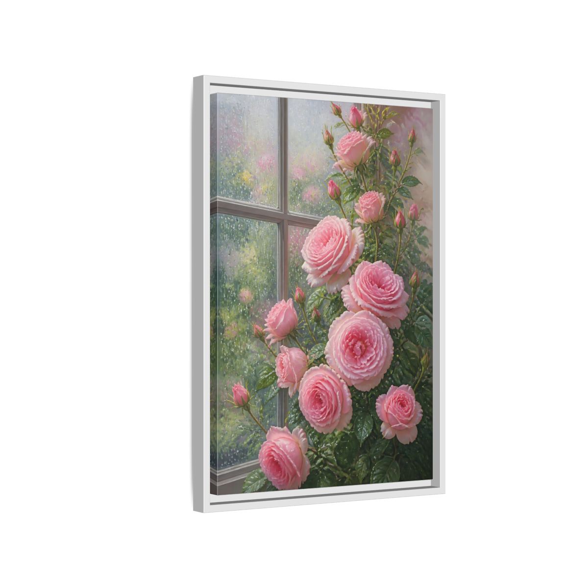 Side Mockup 1. Floral Pink Roses Pink Roses shown as framed canvas print