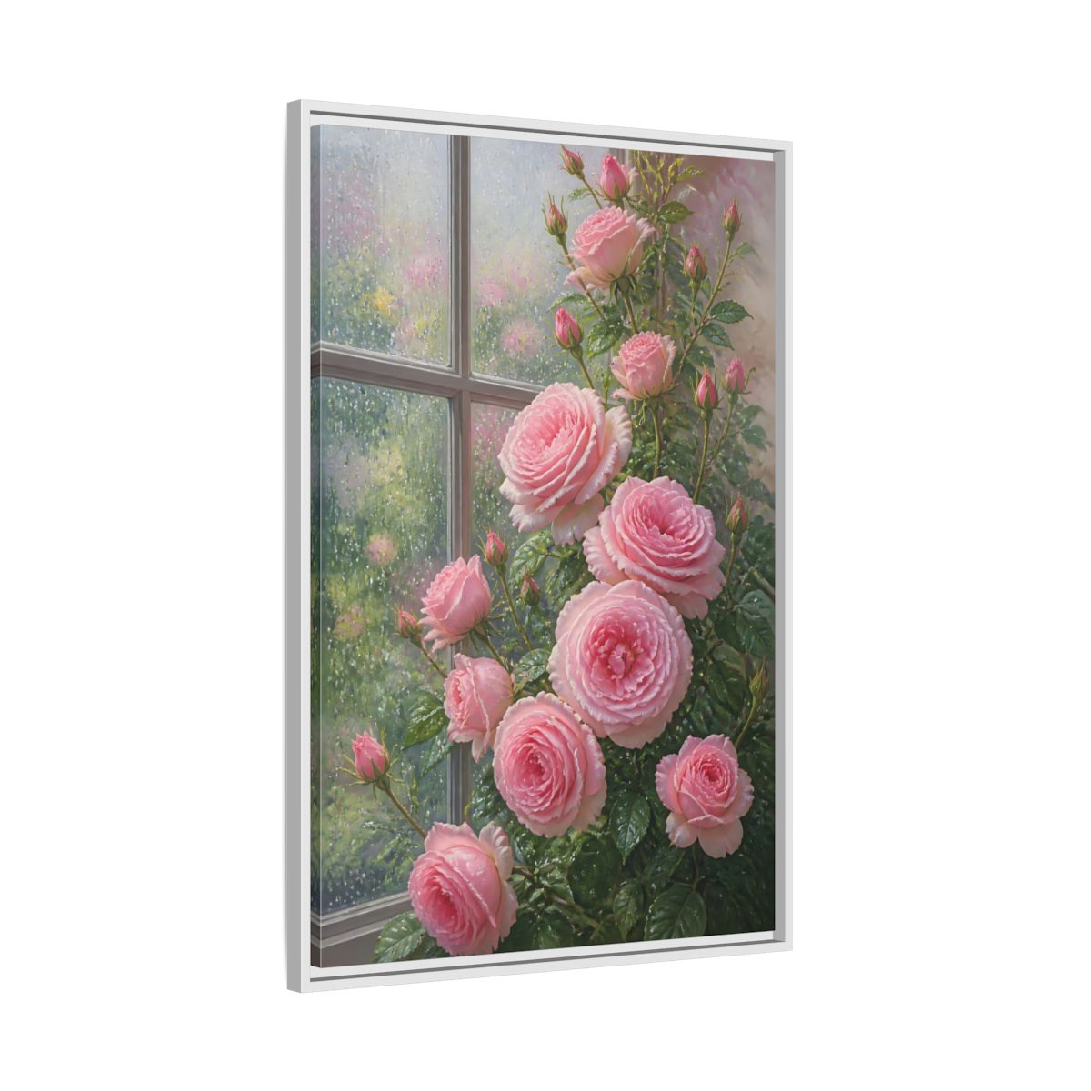 Side Mockup 9. Floral Pink Roses Pink Roses shown as framed canvas print