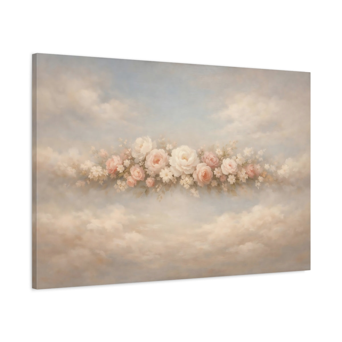 Side Mockup 1. Floral Pink Roses Pink Pastel Floral shown as stretched canvas wall art