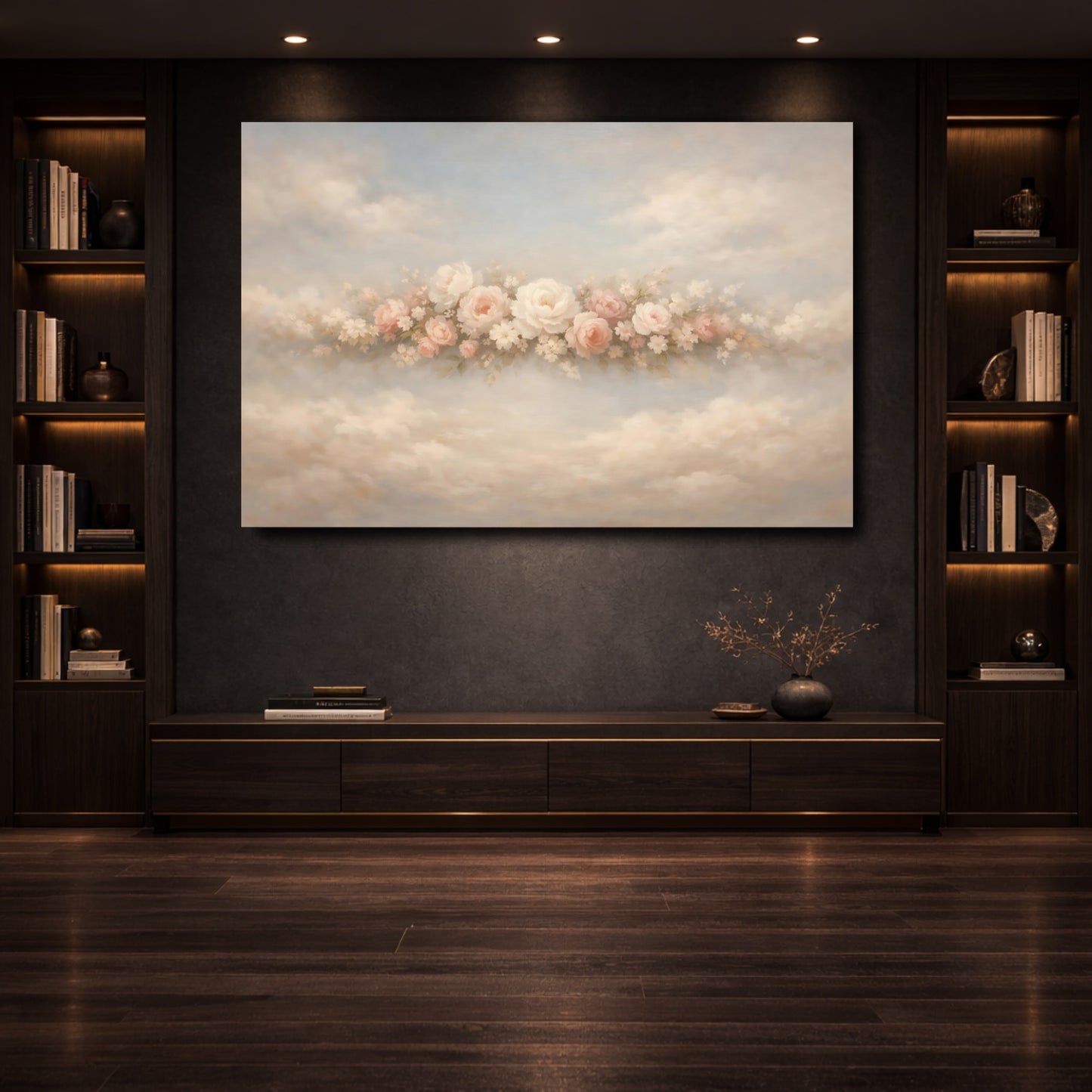 Mockup 3. Floral Pink Roses Pink Pastel Floral shown as stretched canvas wall art