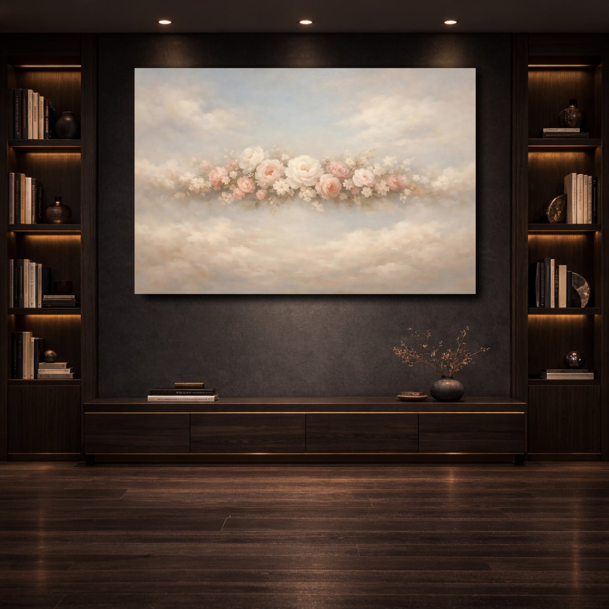 Mockup 3. Floral Pink Roses Pink Pastel Floral shown as stretched canvas wall art