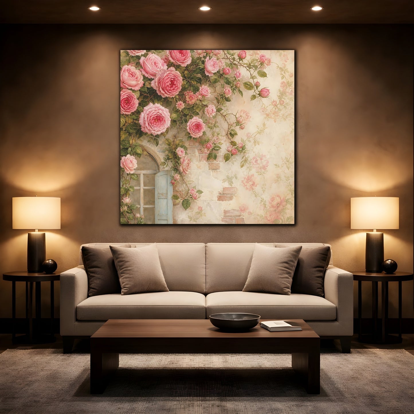 Mockup 2. Floral Pink Roses Pink Rose Wall shown as stretched canvas wall art