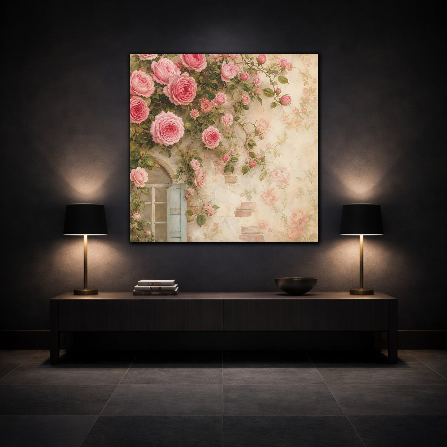 Mockup 3. Floral Pink Roses Pink Rose Wall shown as stretched canvas wall art