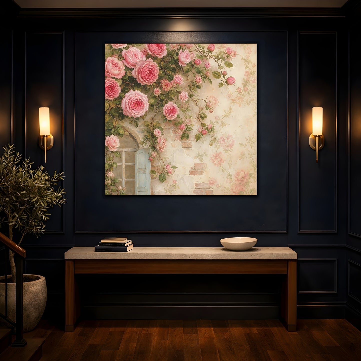 Mockup 4. Floral Pink Roses Pink Rose Wall shown as stretched canvas wall art