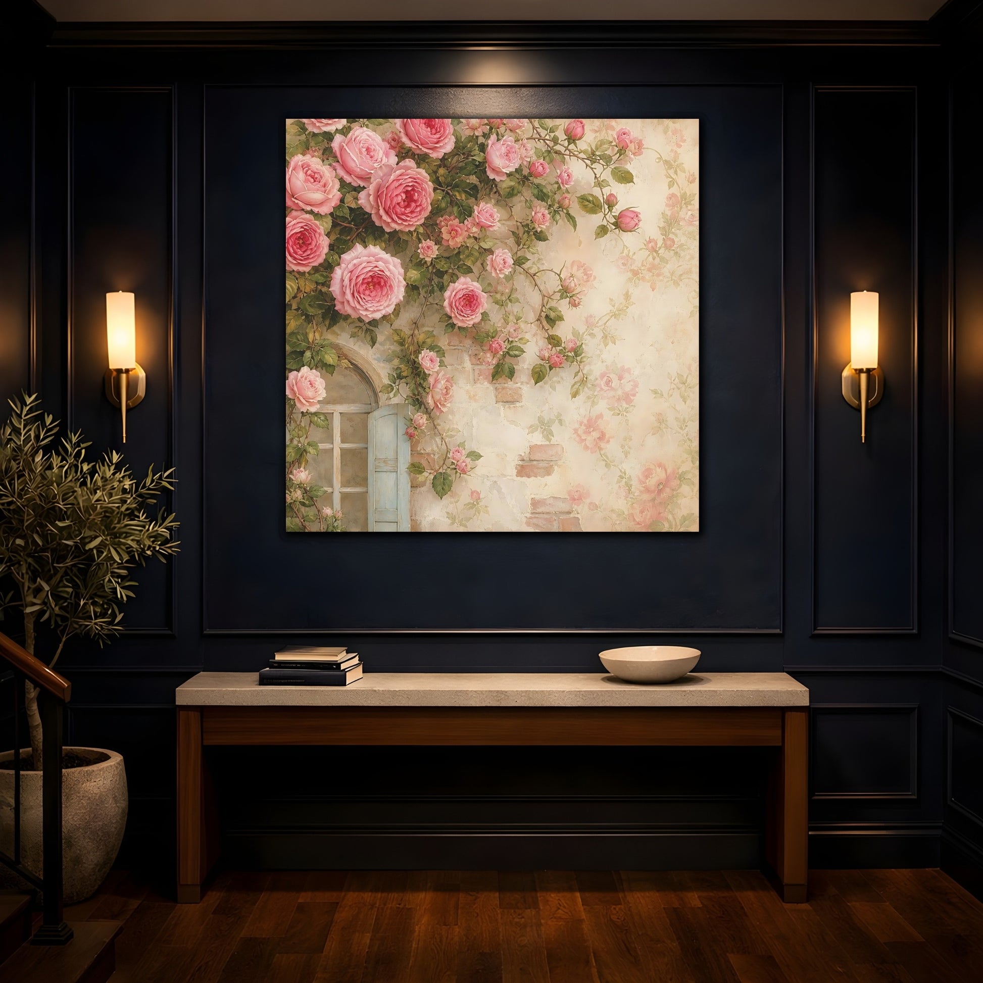 Mockup 4. Floral Pink Roses Pink Rose Wall shown as stretched canvas wall art