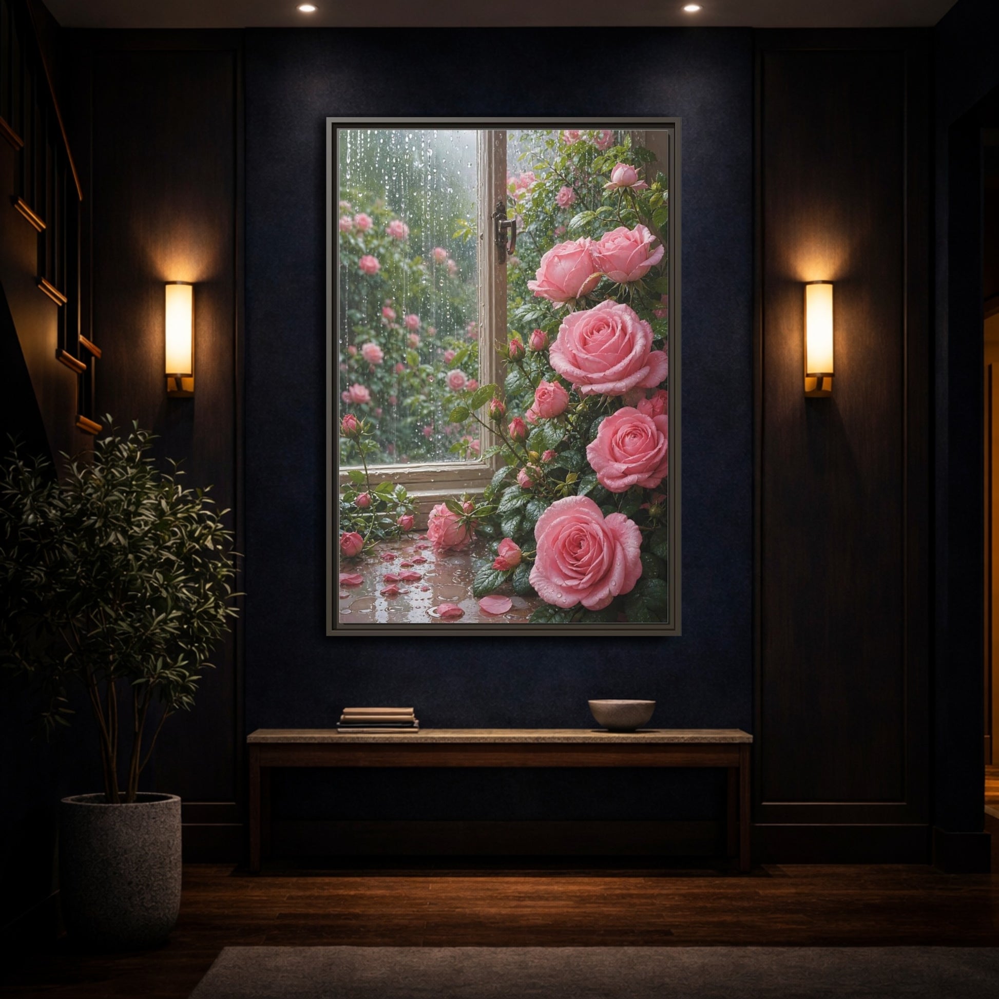 Mockup 4. Floral Pink Roses Pink Roses shown as framed canvas print