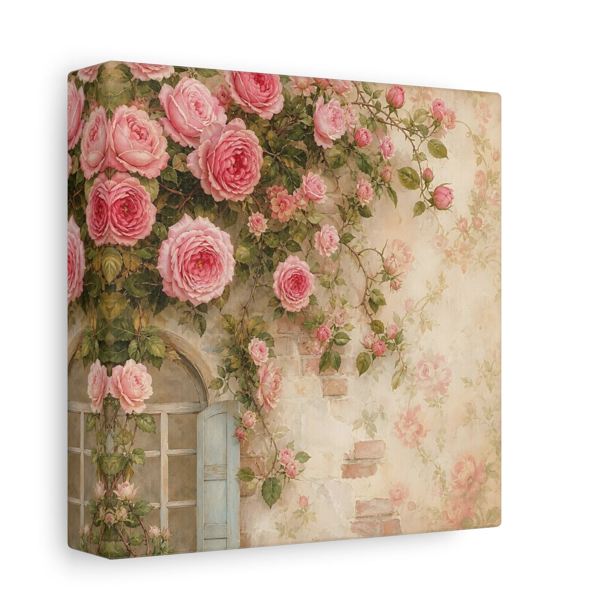 Side Mockup 2. Floral Pink Roses Pink Rose Wall shown as stretched canvas wall art