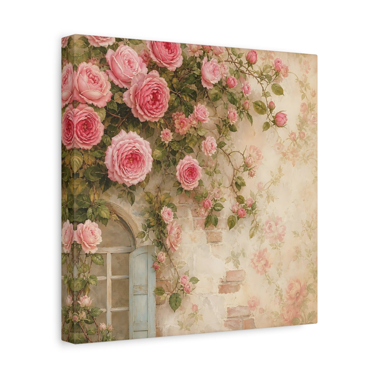 Side Mockup 8. Floral Pink Roses Pink Rose Wall shown as stretched canvas wall art