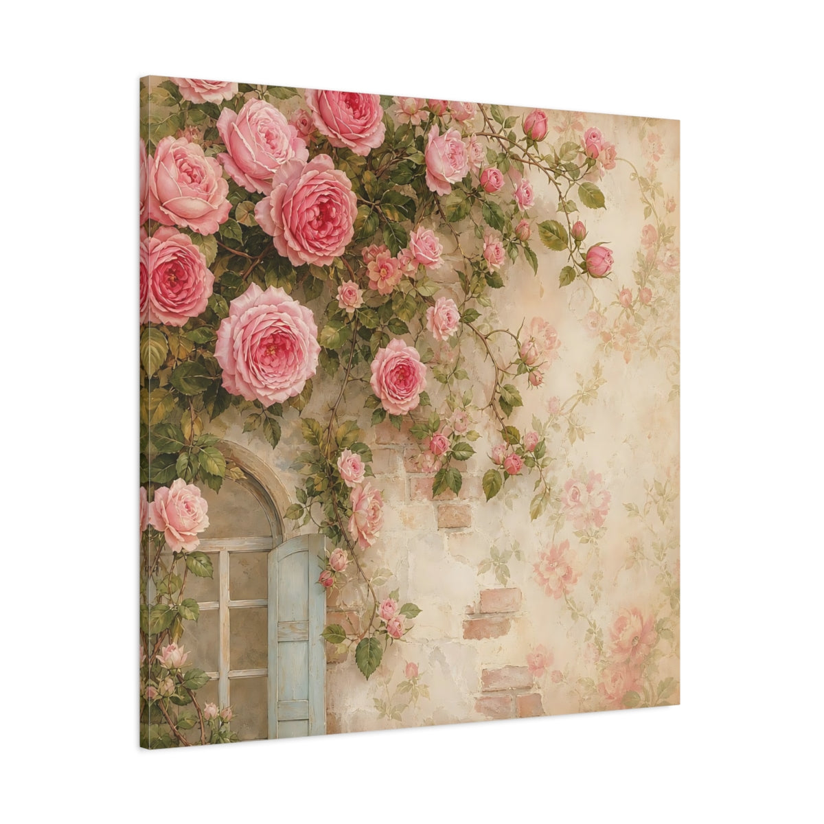 Side Mockup 1. Floral Pink Roses Pink Rose Wall shown as stretched canvas wall art