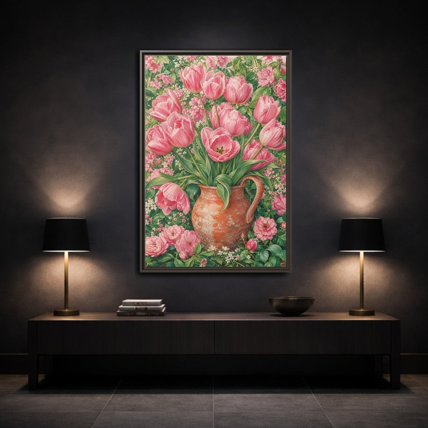 Floral Pink Tulips Framed Canvas Print – Botanical Living Room, Above Fireplace - YesArtYes