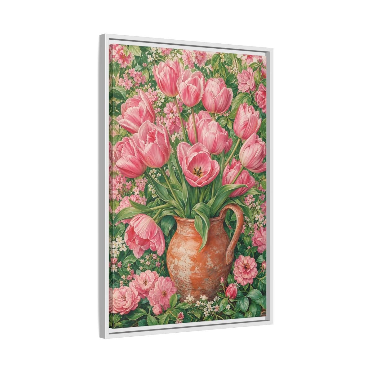 Floral Pink Tulips Framed Canvas Print – Botanical Living Room, Above Fireplace - YesArtYes