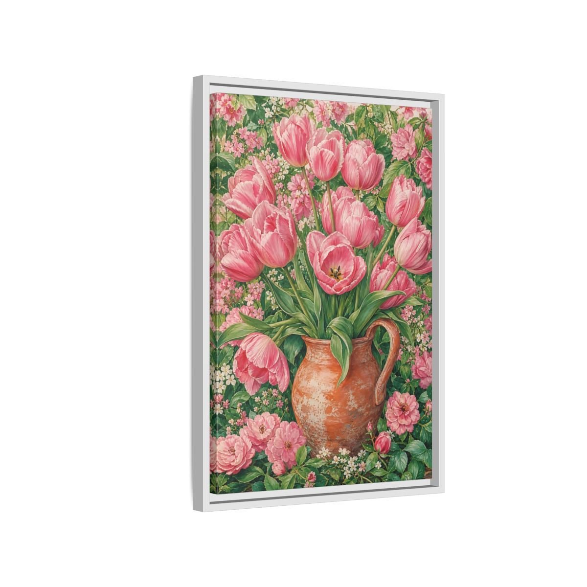 Floral Pink Tulips Framed Canvas Print – Botanical Living Room, Above Fireplace - YesArtYes