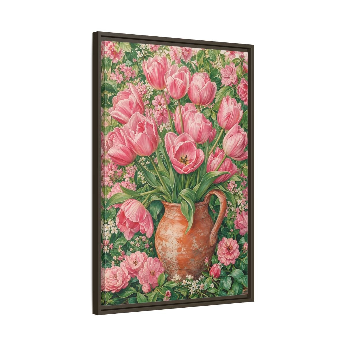 Floral Pink Tulips Framed Canvas Print – Botanical Living Room, Above Fireplace - YesArtYes
