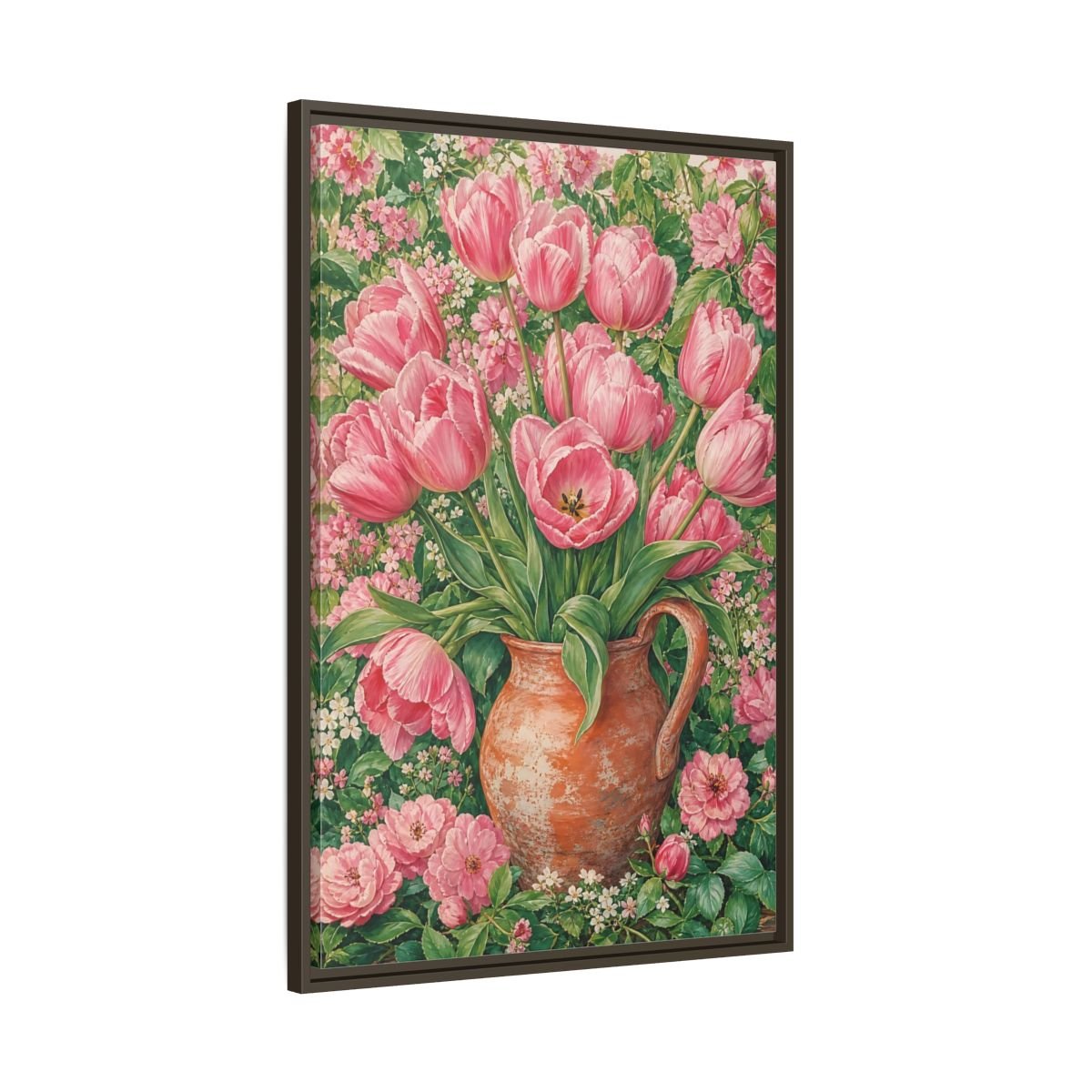 Floral Pink Tulips Framed Canvas Print – Botanical Living Room, Above Fireplace - YesArtYes