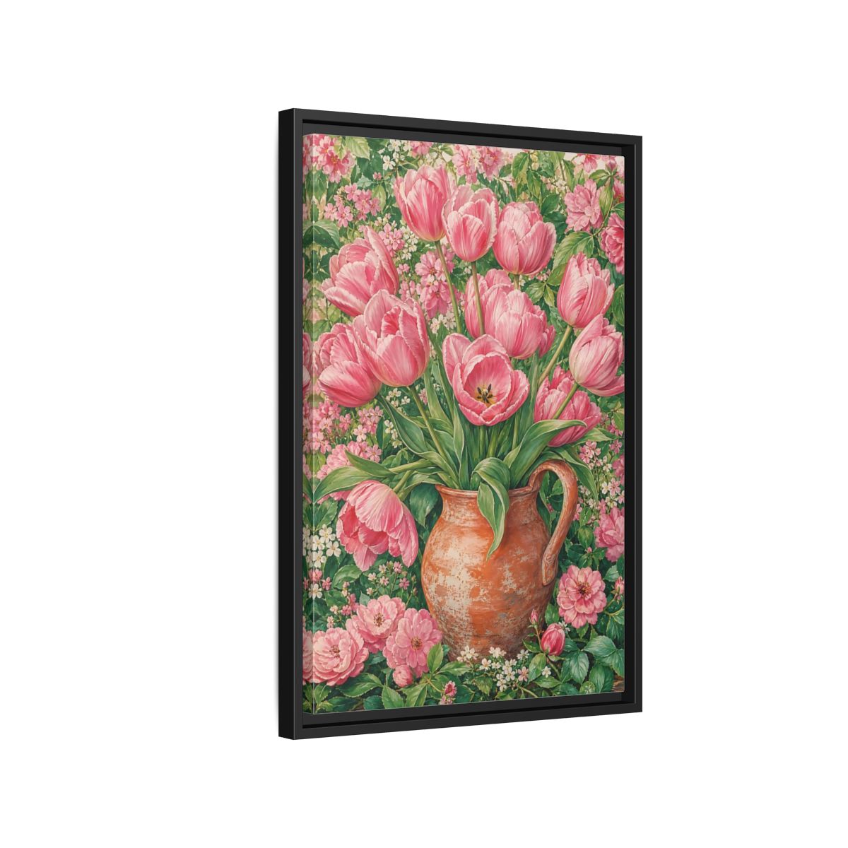Side Mockup 3. Floral Pink Tulips Pink Floral shown as framed canvas print