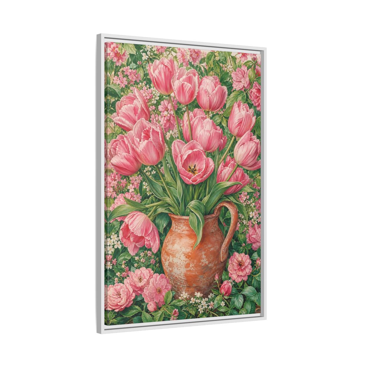 Side Mockup 9. Floral Pink Tulips Pink Floral shown as framed canvas print