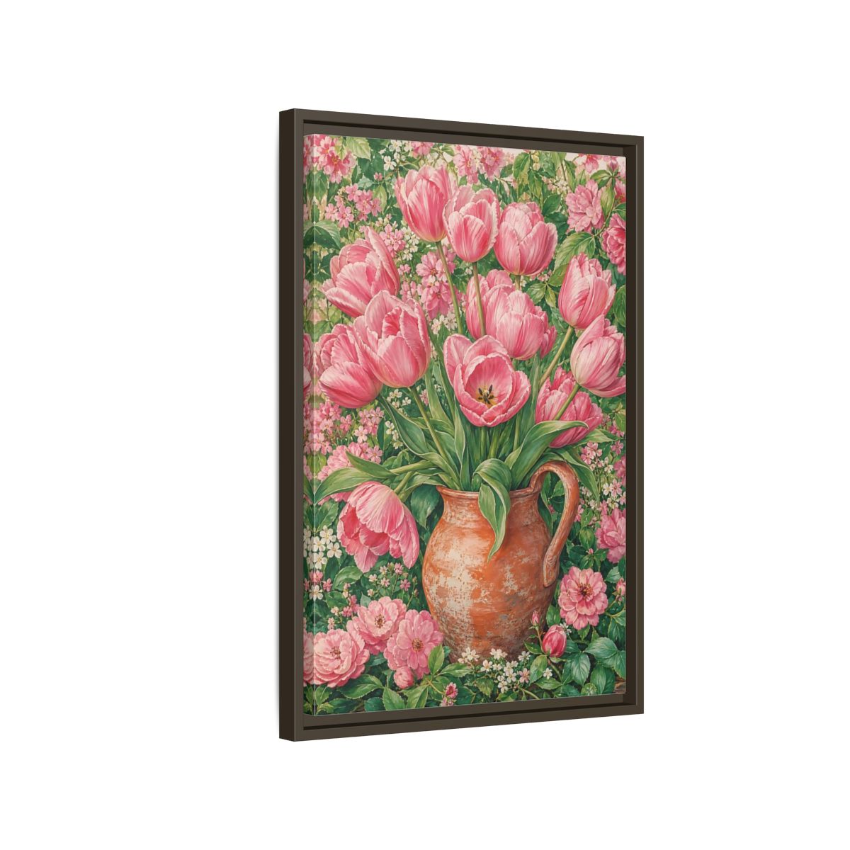 Side Mockup 2. Floral Pink Tulips Pink Floral shown as framed canvas print