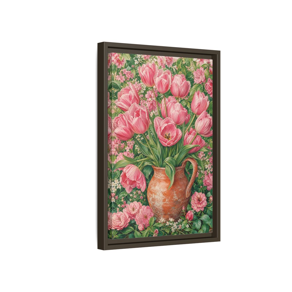 Side Mockup 5. Floral Pink Tulips Pink Floral shown as framed canvas print