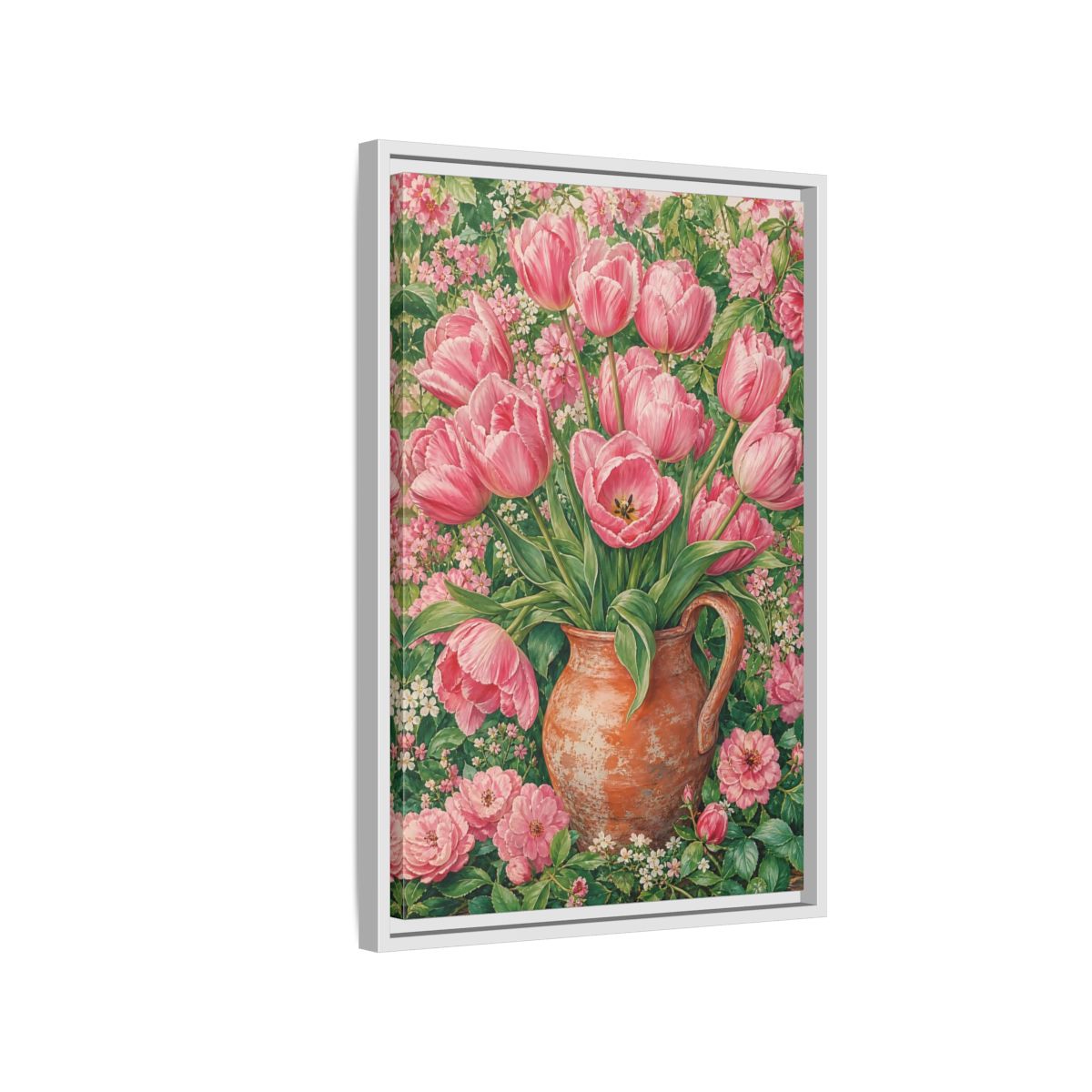 Side Mockup 1. Floral Pink Tulips Pink Floral shown as framed canvas print