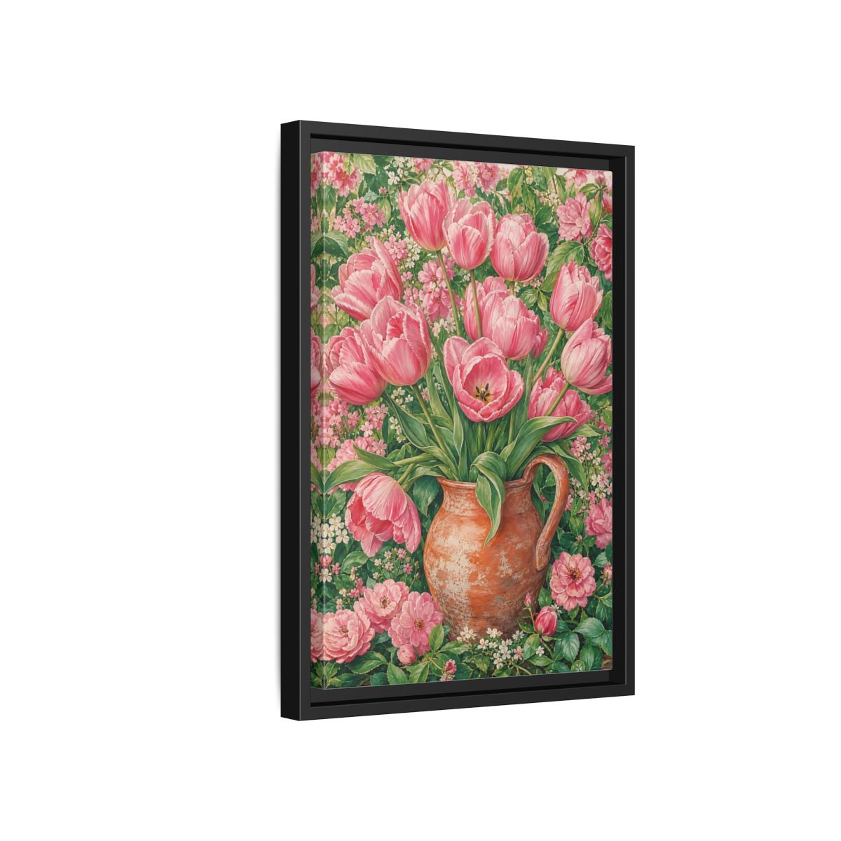 Side Mockup 6. Floral Pink Tulips Pink Floral shown as framed canvas print