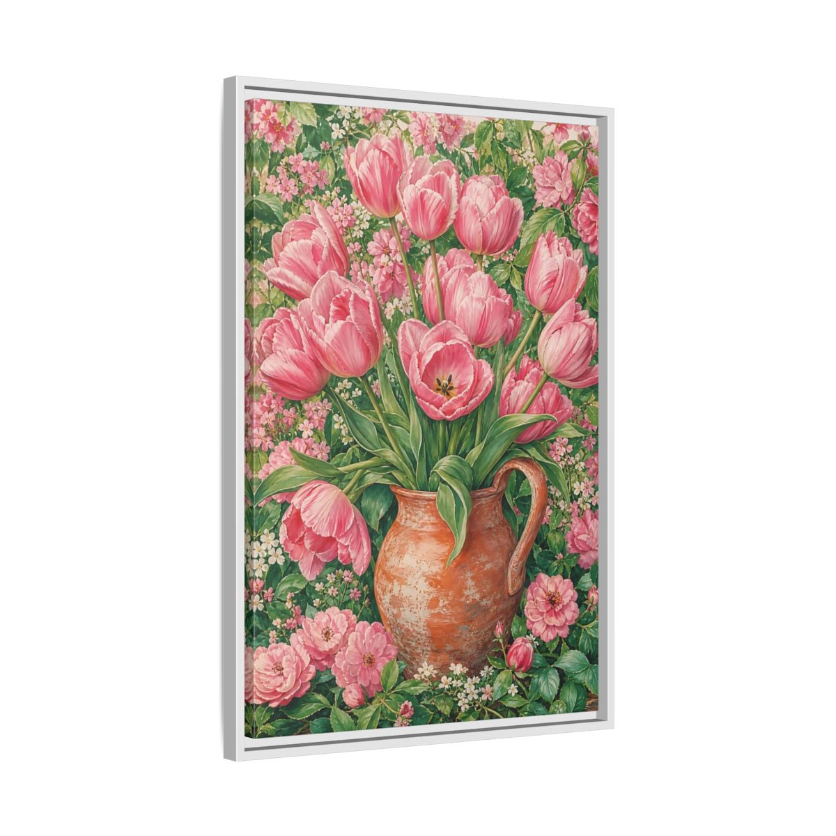 Side Mockup 10. Floral Pink Tulips Pink Floral shown as framed canvas print
