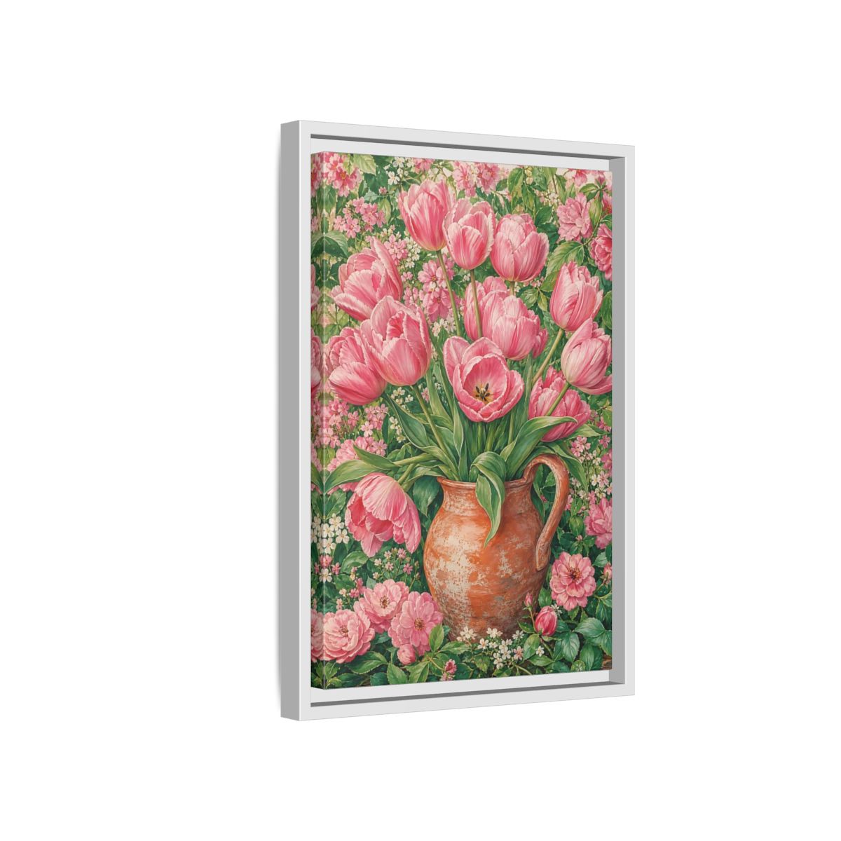 Side Mockup 4. Floral Pink Tulips Pink Floral shown as framed canvas print